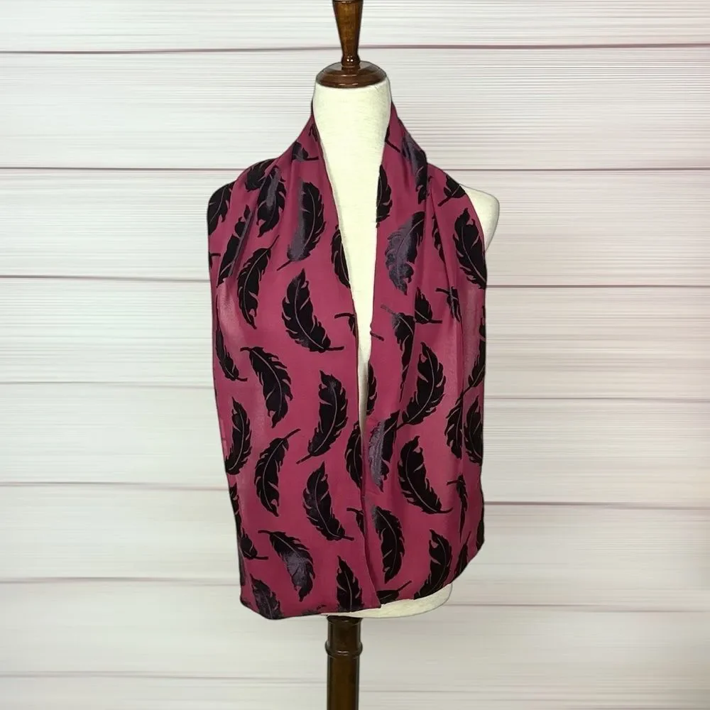Elaine Gold Lined Scarf Rayon Silk Blend Burnout Velvet Burgundy Black Feathers